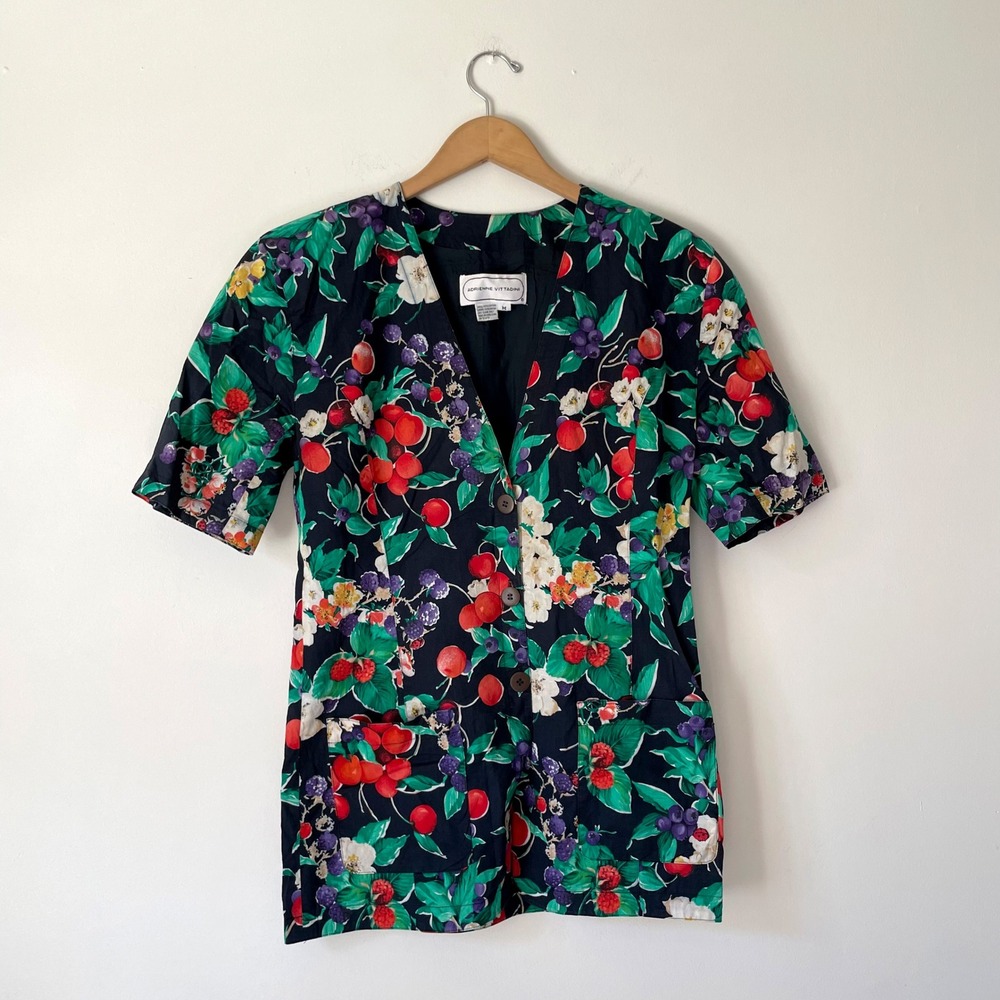 Floral Fruit V-Neck Blouse Medium Cotton Cherries Ladybug Berries Vintage 90s